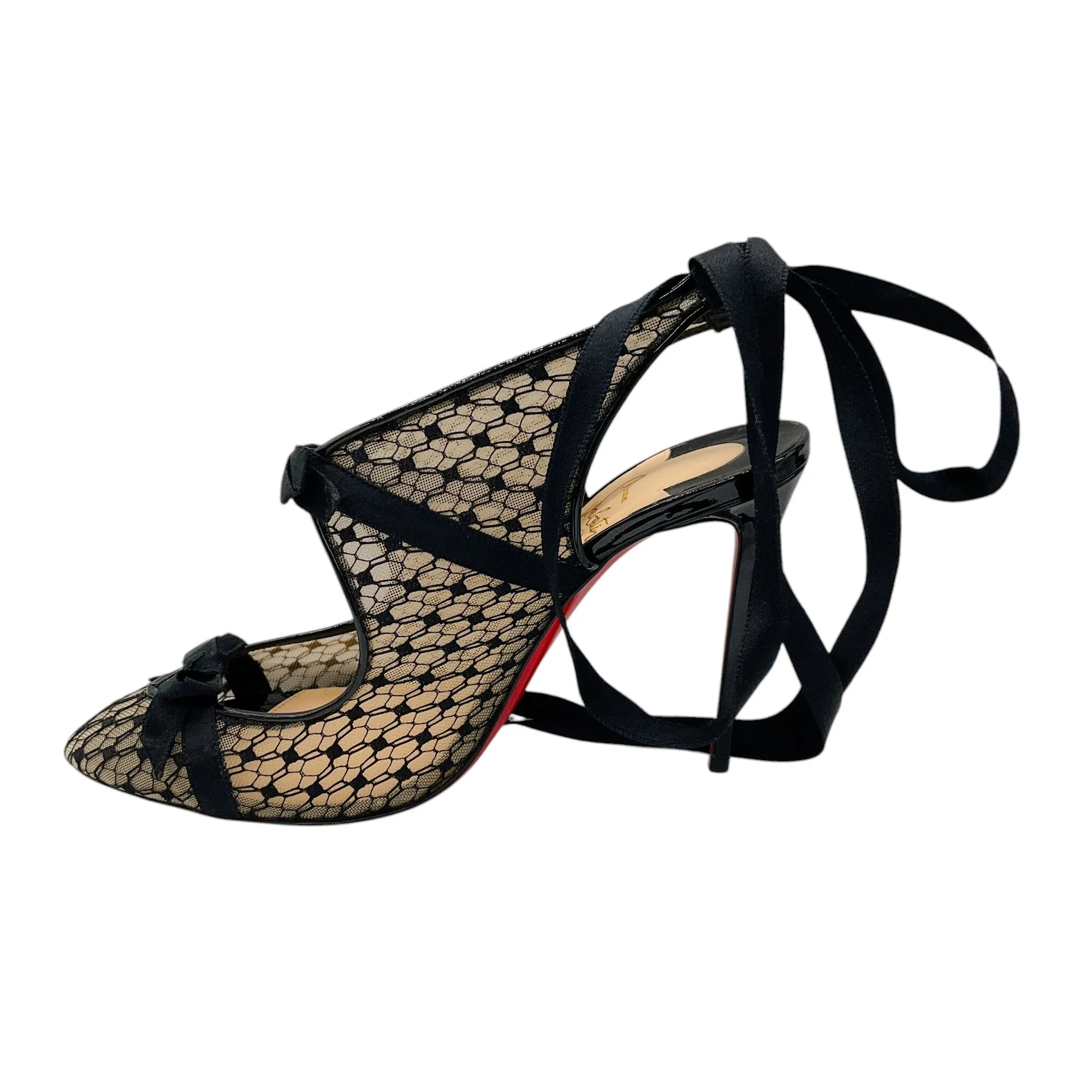 Christian Louboutin Black Patent Fishnet Lace Directoire 100 Pumps