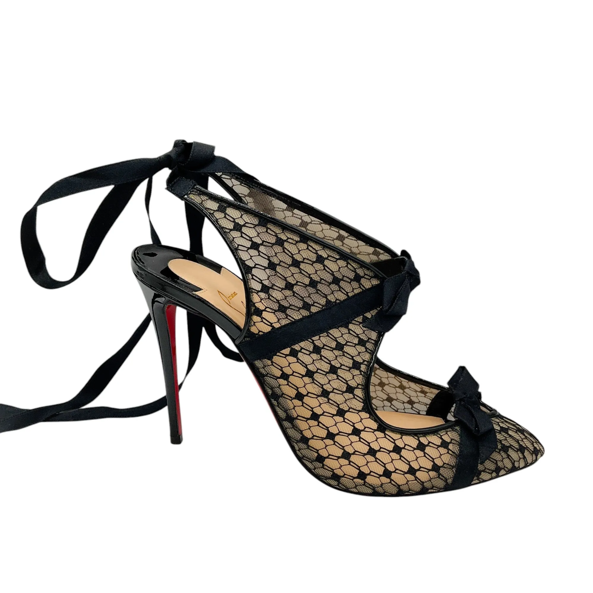 Christian Louboutin Black Patent Fishnet Lace Directoire 100 Pumps