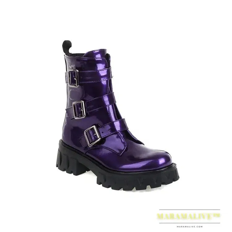 Chunky Heels Motorcycle Buckle Boots Women Bottine Femme Patent Leather Black Purple Flat Platform Thick Sole Ankle Boots Ladies