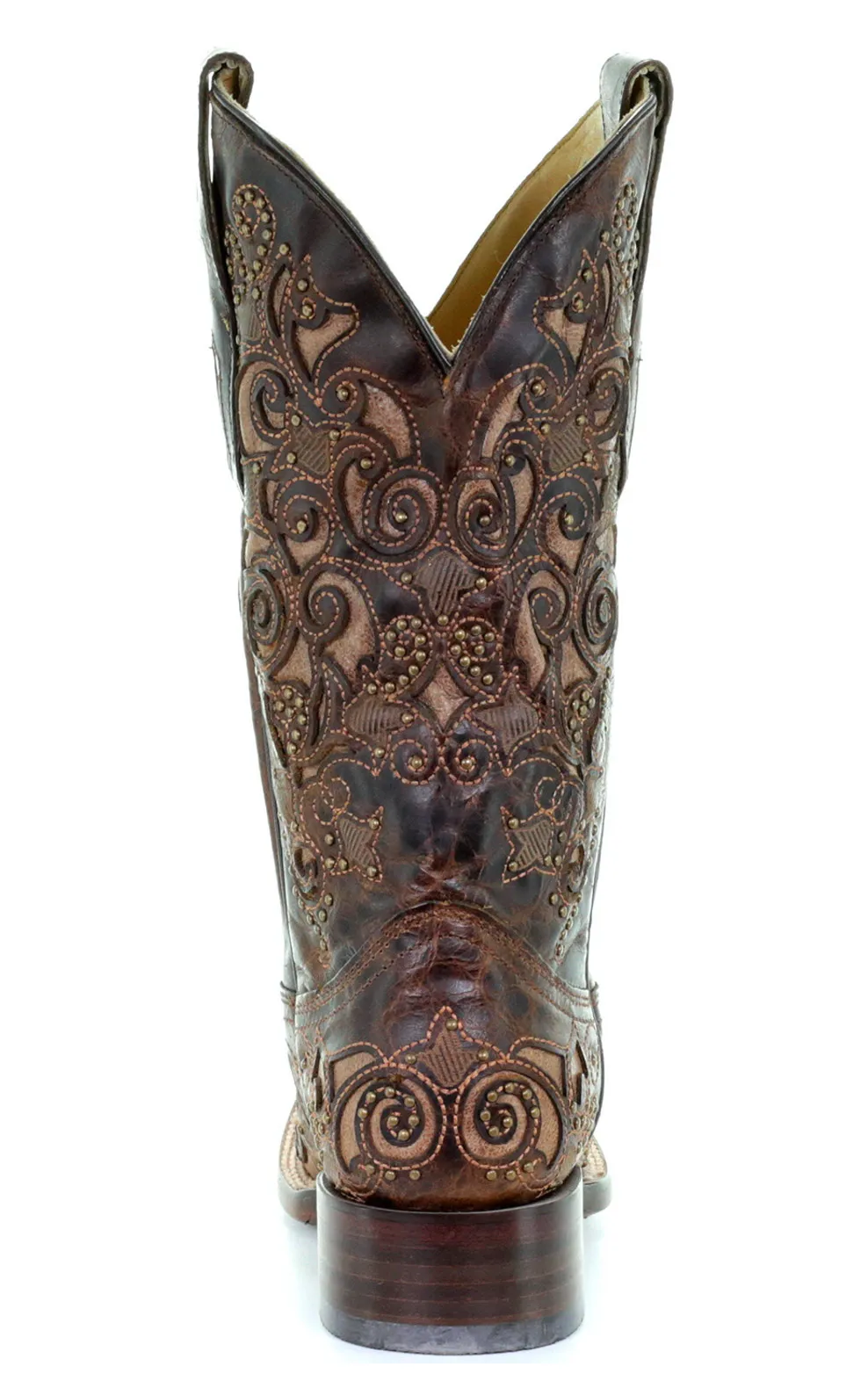 CORRAL WOMEN'S BROWN INLAY & STUDS EMBROIDERY SQUARE TOE BOOT-A3326