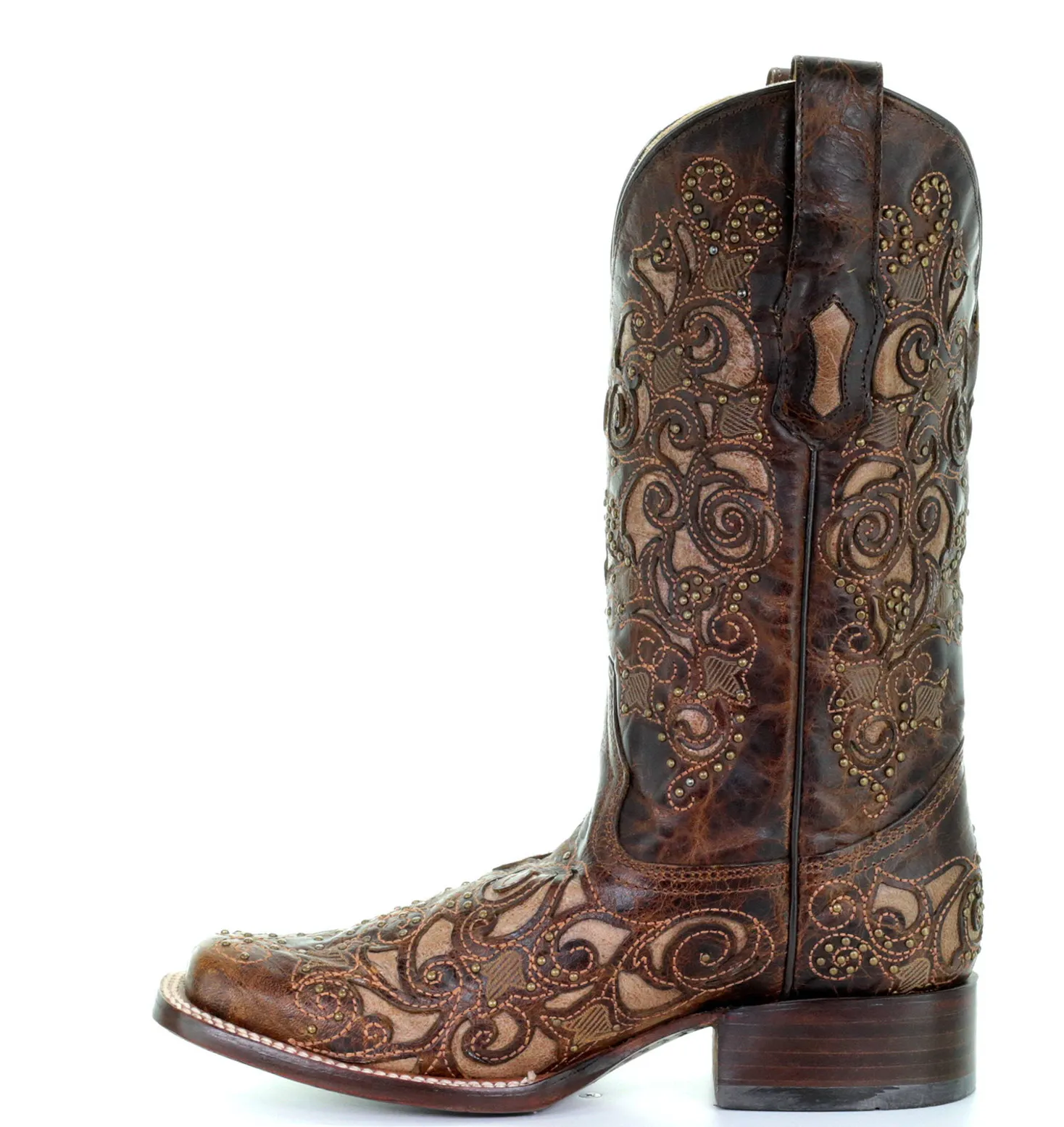 CORRAL WOMEN'S BROWN INLAY & STUDS EMBROIDERY SQUARE TOE BOOT-A3326