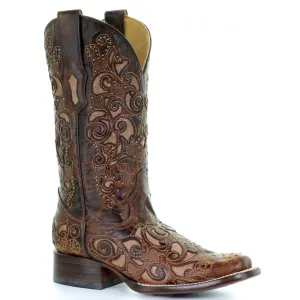 CORRAL WOMEN'S BROWN INLAY & STUDS EMBROIDERY SQUARE TOE BOOT-A3326