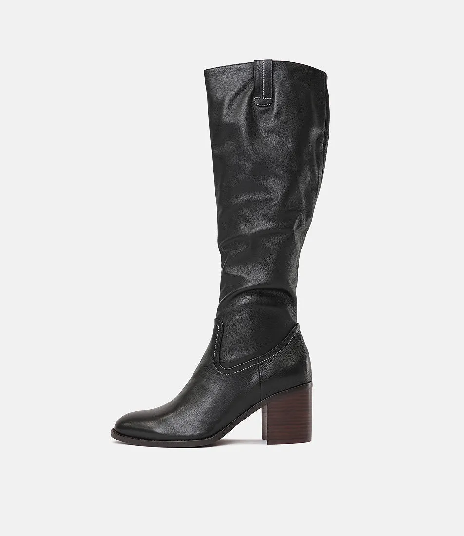 Cosmmo Black Leather/White/Dark Tan Heel Knee High Boots