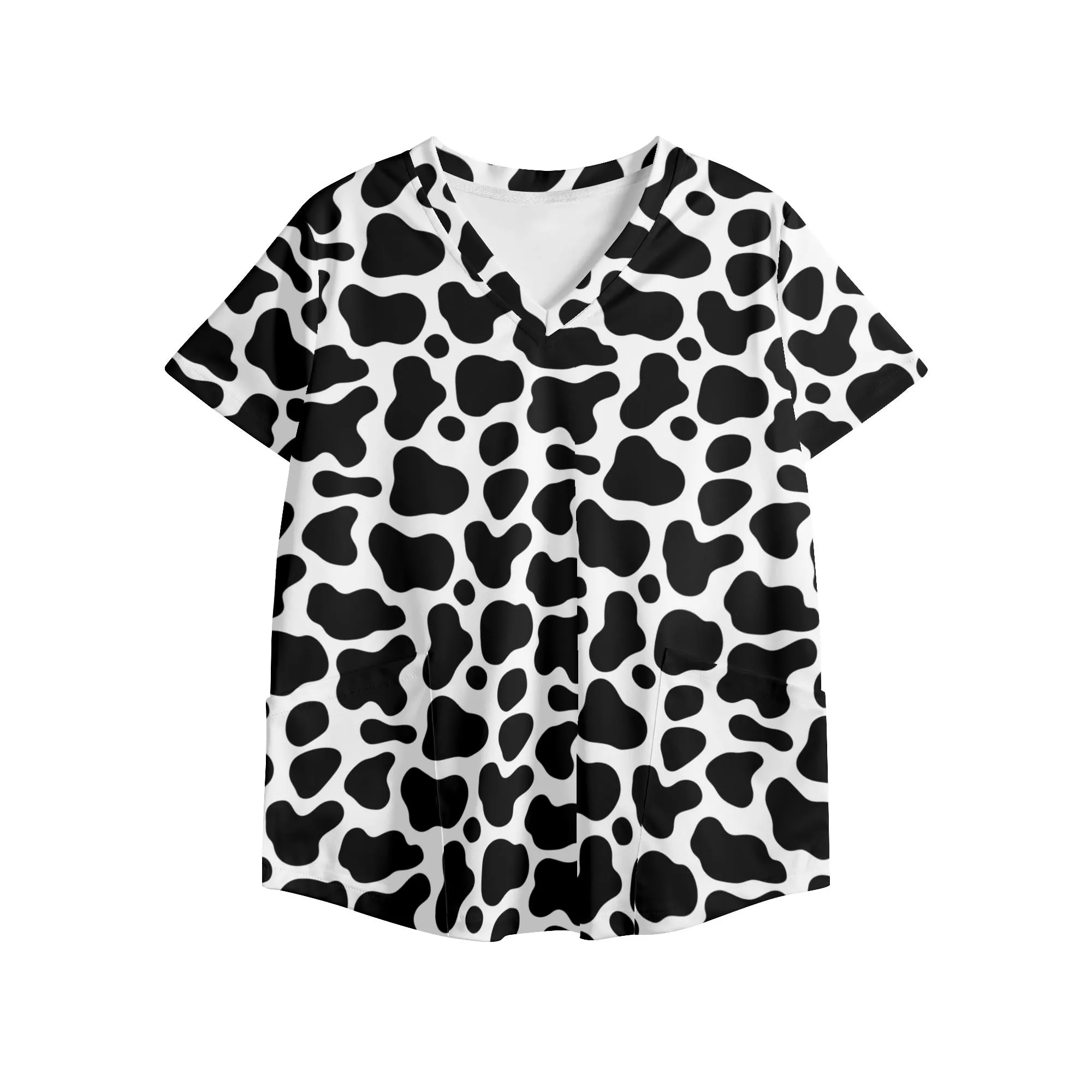 Cow Print Nursing Scrub Top Printed V Neck Workwear Nursing Tops