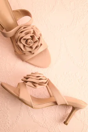 Cristine Beige | Faux-Leather Heels w/ Flower Detail