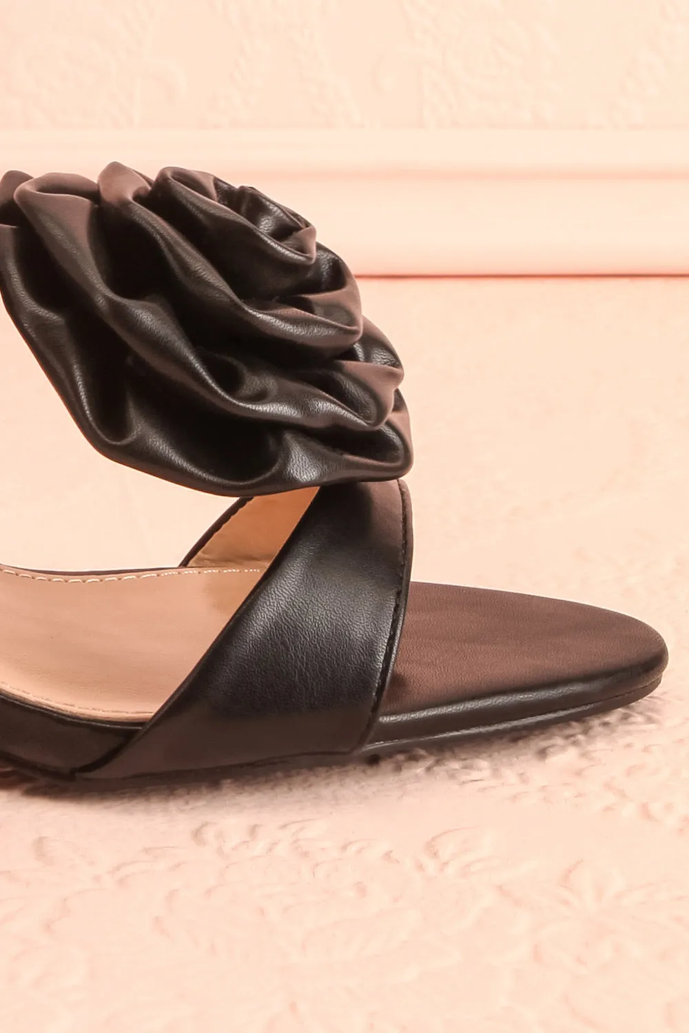 Cristine Black | Faux-Leather Heels w/ Flower Detail