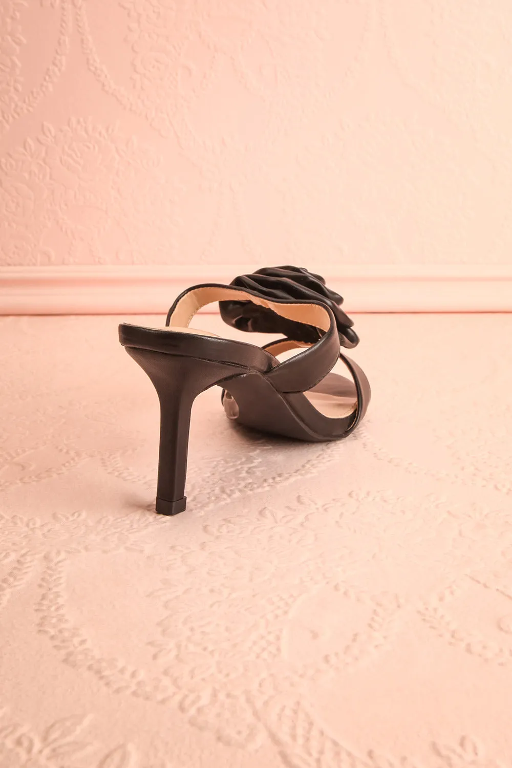 Cristine Black | Faux-Leather Heels w/ Flower Detail