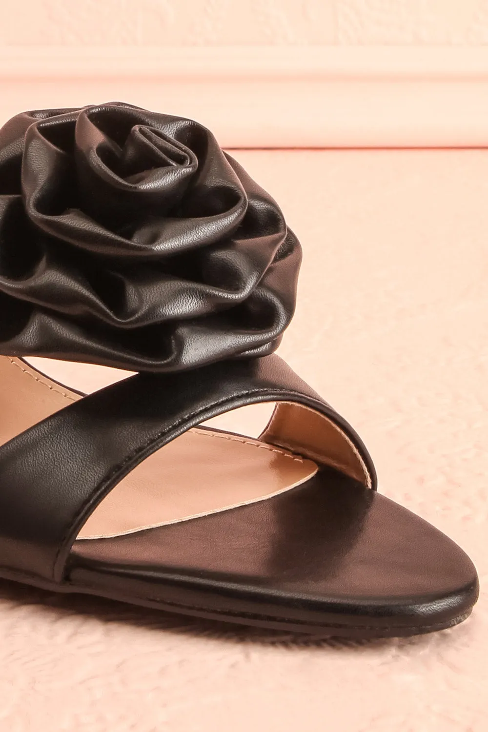 Cristine Black | Faux-Leather Heels w/ Flower Detail