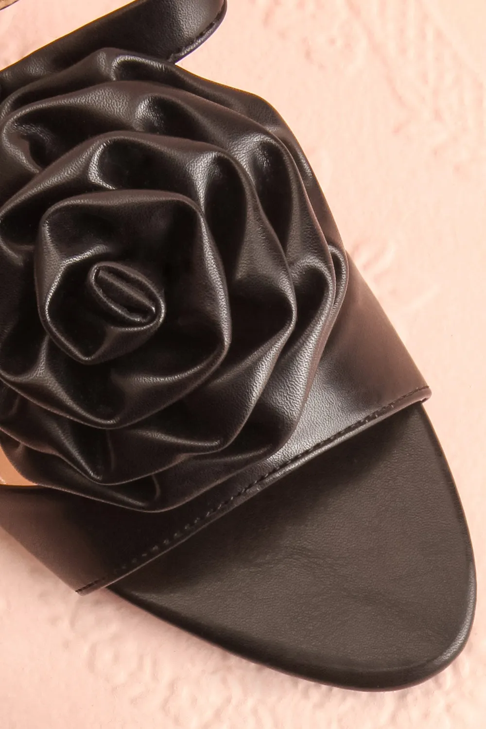 Cristine Black | Faux-Leather Heels w/ Flower Detail