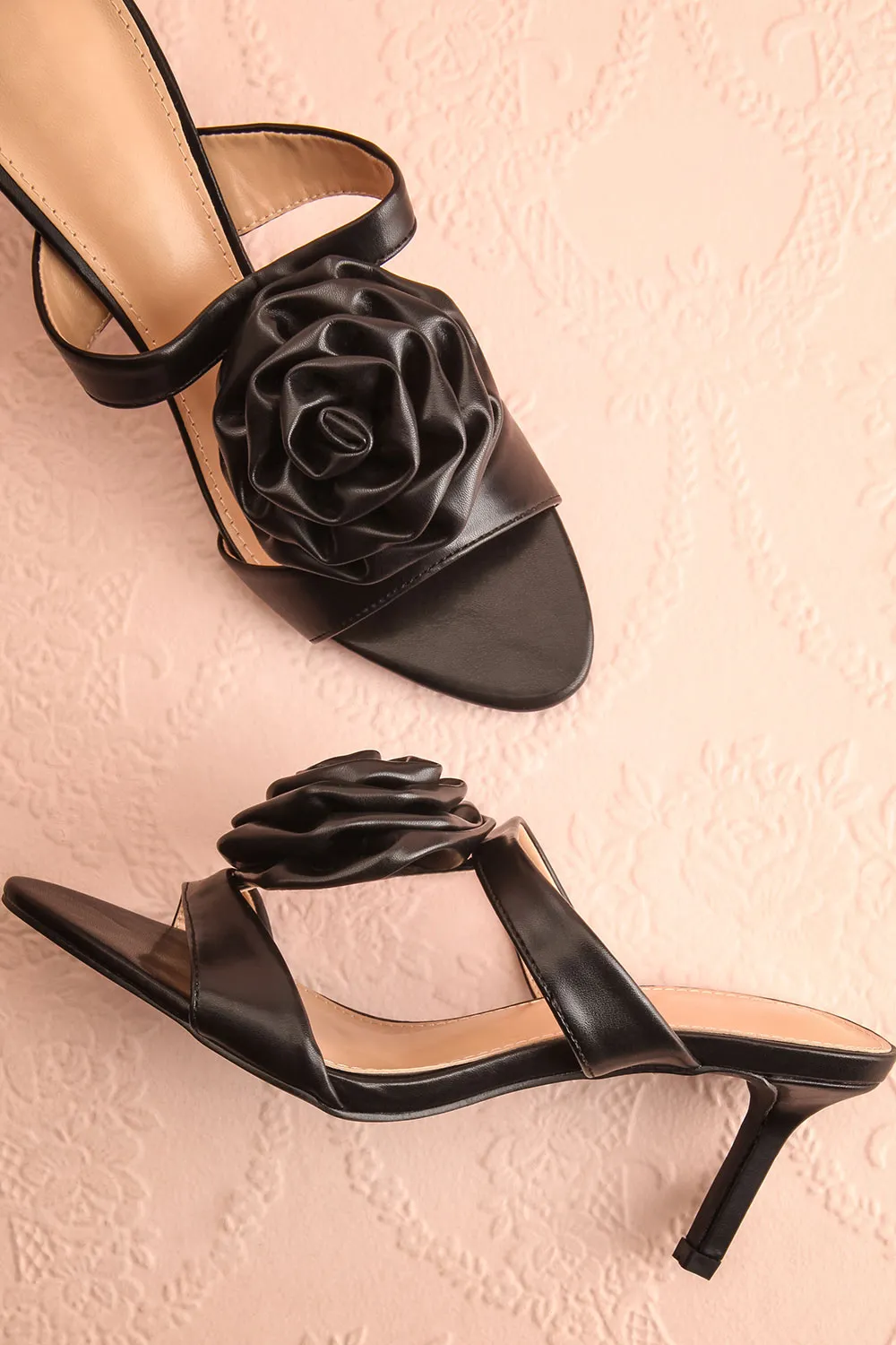 Cristine Black | Faux-Leather Heels w/ Flower Detail