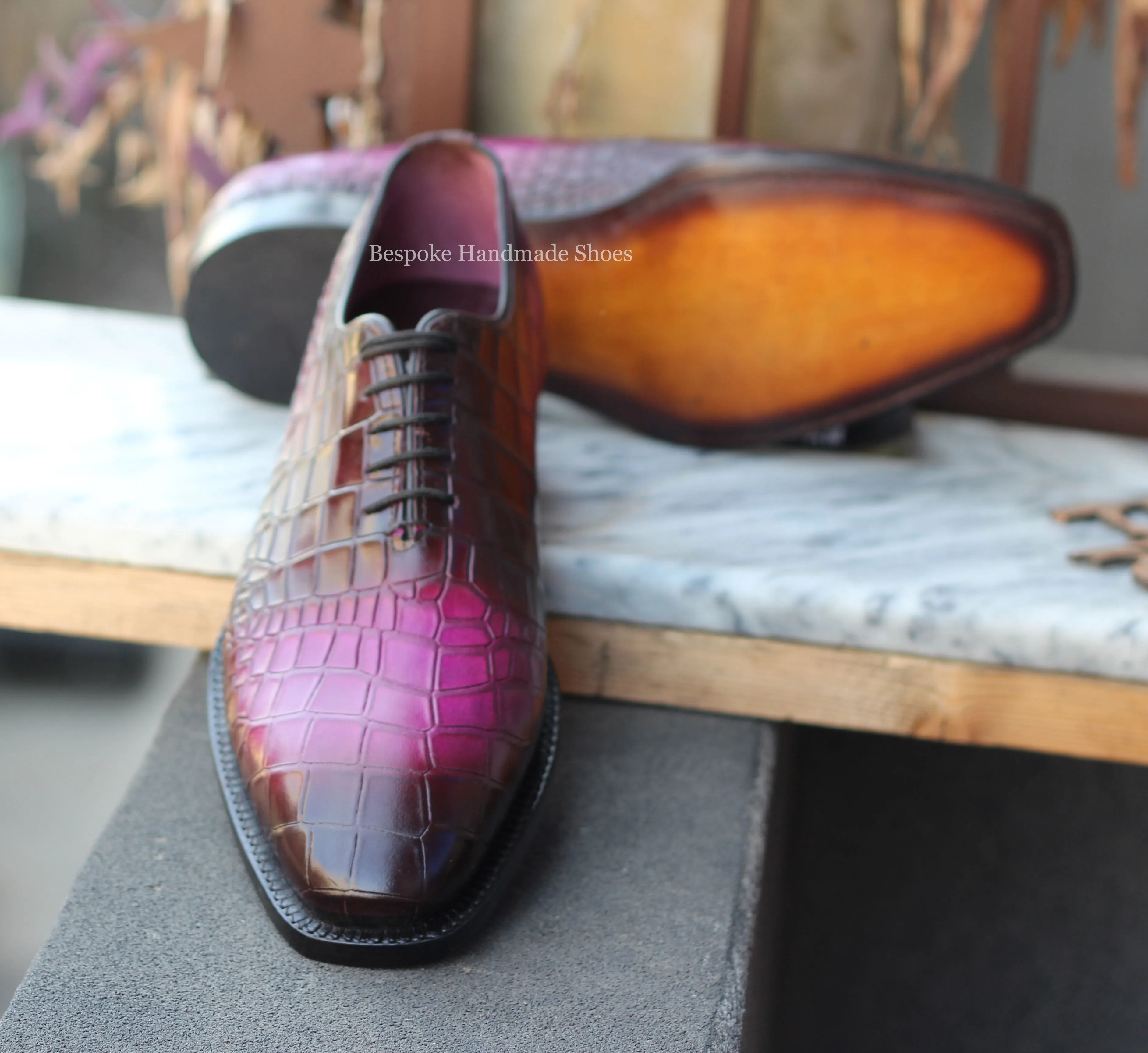 Custom Made Men's Purple Crocodile Leather Print Black Shaded Oxford Lace Up Dress Shoes Men