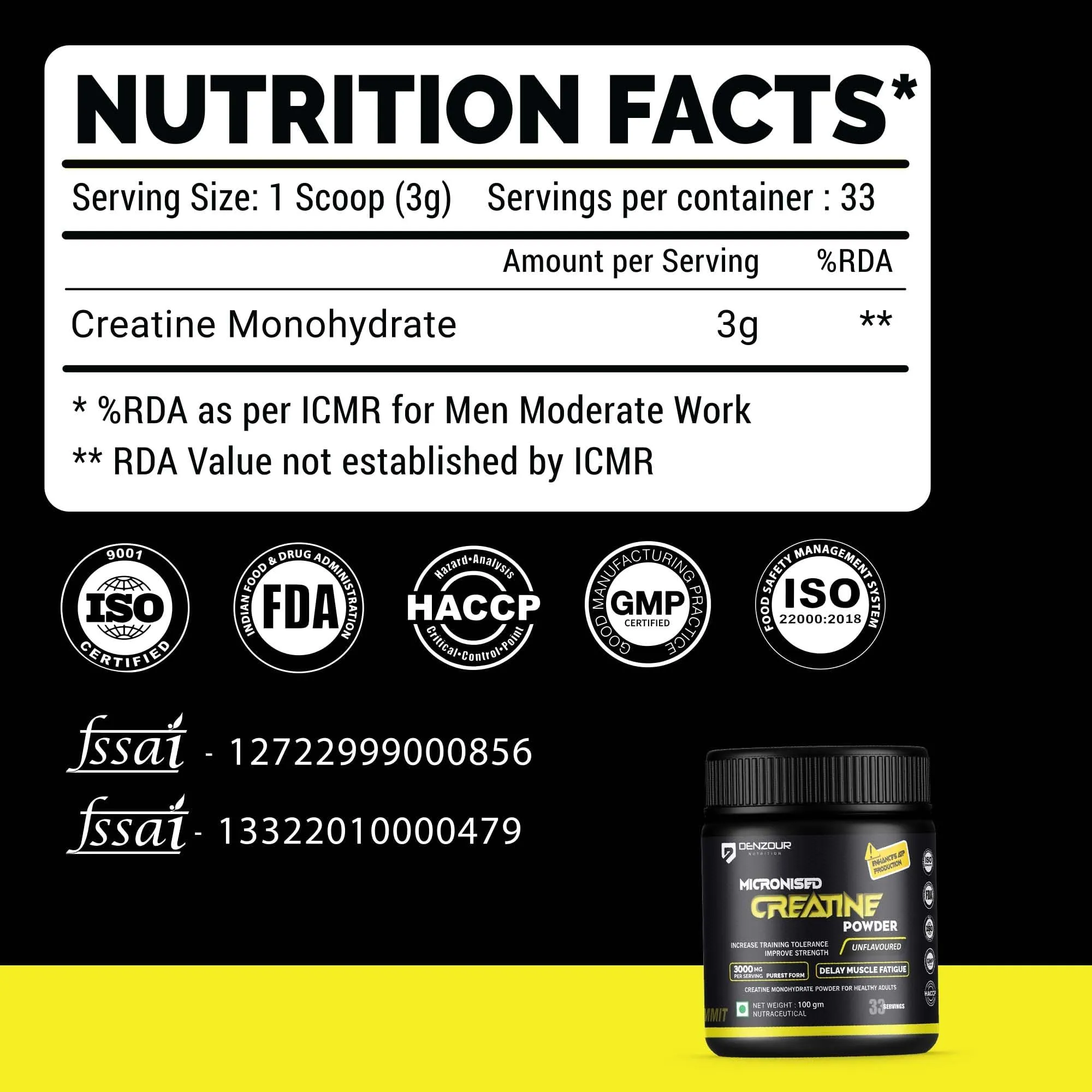 DENZOUR NUTRITION Pure Micronised Creatine Monohydrate Powder (100G, 33 Servings) | Lab Certified | Unflavoured | Fast Absorption | Enhance Strength, Fast Recovery & Increased Muscle | 3g Per Serve