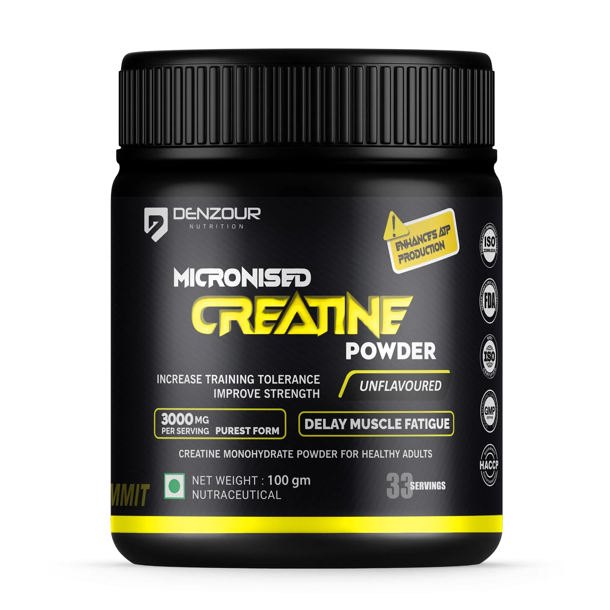 DENZOUR NUTRITION Pure Micronised Creatine Monohydrate Powder (100G, 33 Servings) | Lab Certified | Unflavoured | Fast Absorption | Enhance Strength, Fast Recovery & Increased Muscle | 3g Per Serve