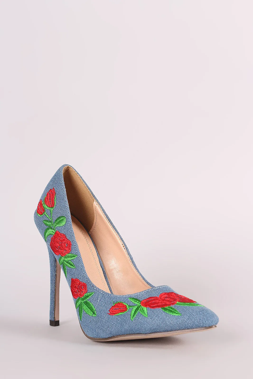 Embroidered Floral Denim Pointy Toe Stiletto Pump