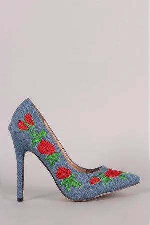 Embroidered Floral Denim Pointy Toe Stiletto Pump