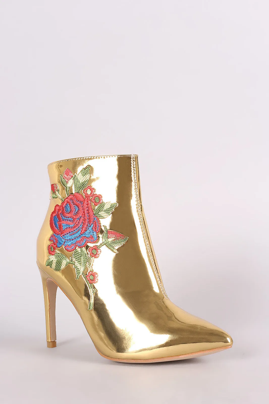 Embroidered Rosette Metallic Pointy Toe Stiletto Booties