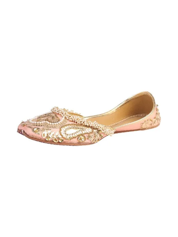 Eveline - Peach Embellished Silk & Leather Juttis