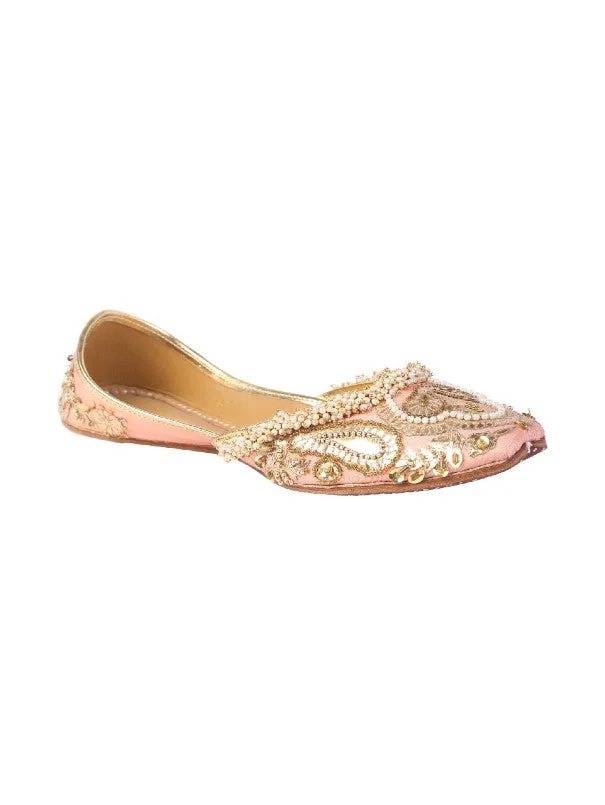 Eveline - Peach Embellished Silk & Leather Juttis