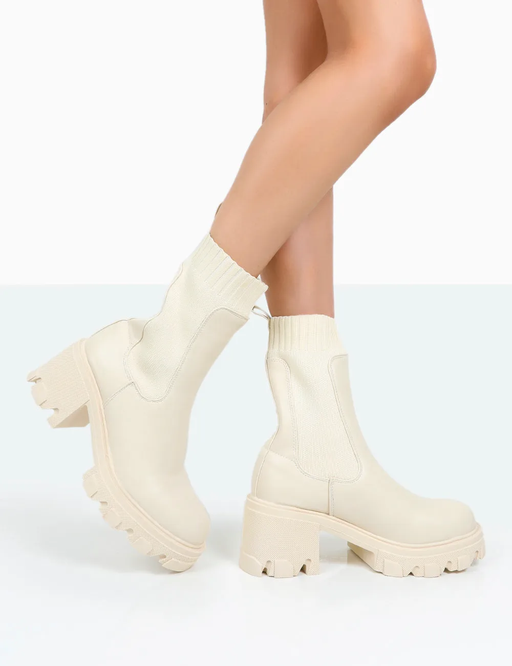 Everdeen Ecru PU And Knit Chunky Heeled Platform Sock Ankle Boots