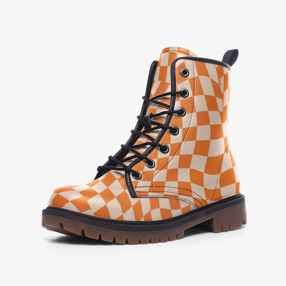 Faux Leather Lightweight Boots Lace Up Retro Checkered Orange