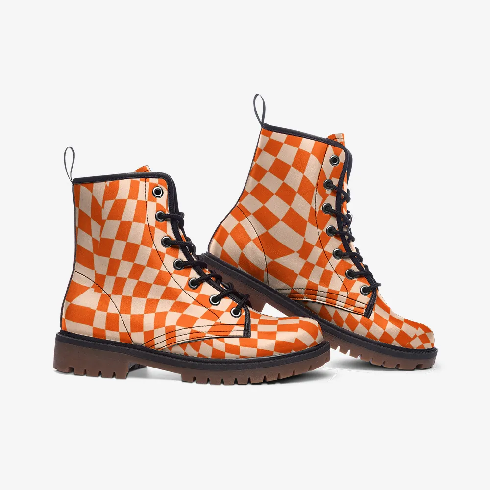 Faux Leather Lightweight Boots Lace Up Retro Checkered Orange