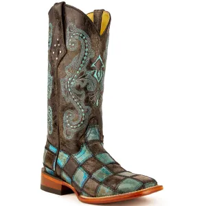 Ferrini Women's Patchwork Square Toe Boots Handcrafted - Black/Teal  8139350