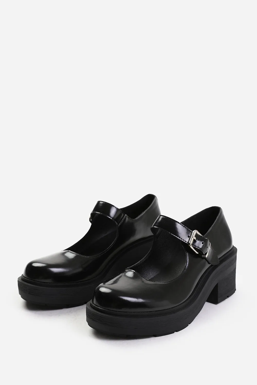 FRANCE WIDE FIT CHUNKY SOLE SHOES WITH SINGLE BUCKLE STRAP IN BLACK FAUX LEATHER