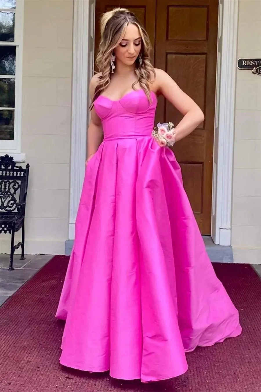 Fuchsia Strapless Satin Sweeping Long Prom Evening Dress With Pockets PSK432