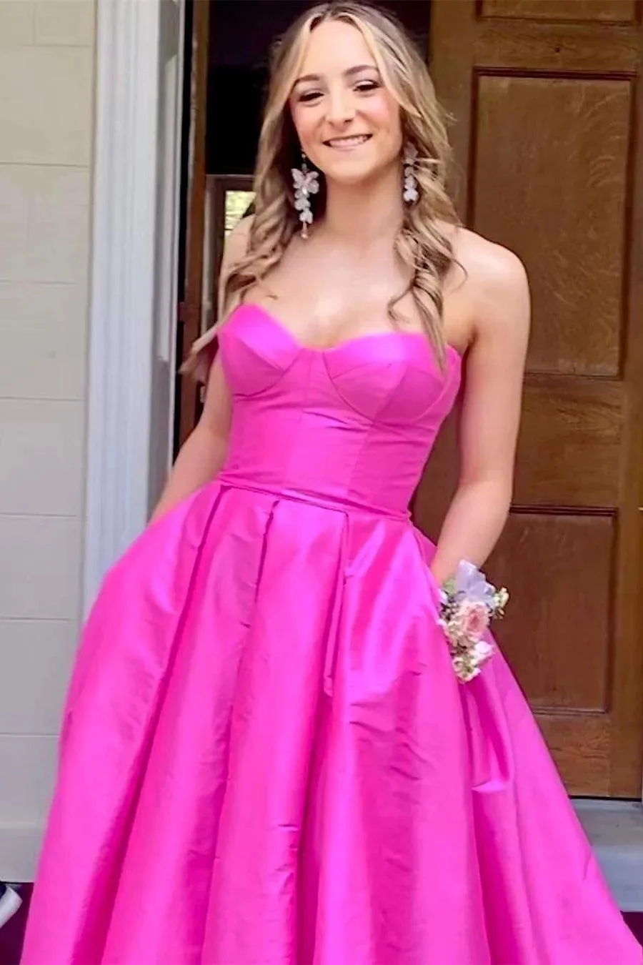 Fuchsia Strapless Satin Sweeping Long Prom Evening Dress With Pockets PSK432