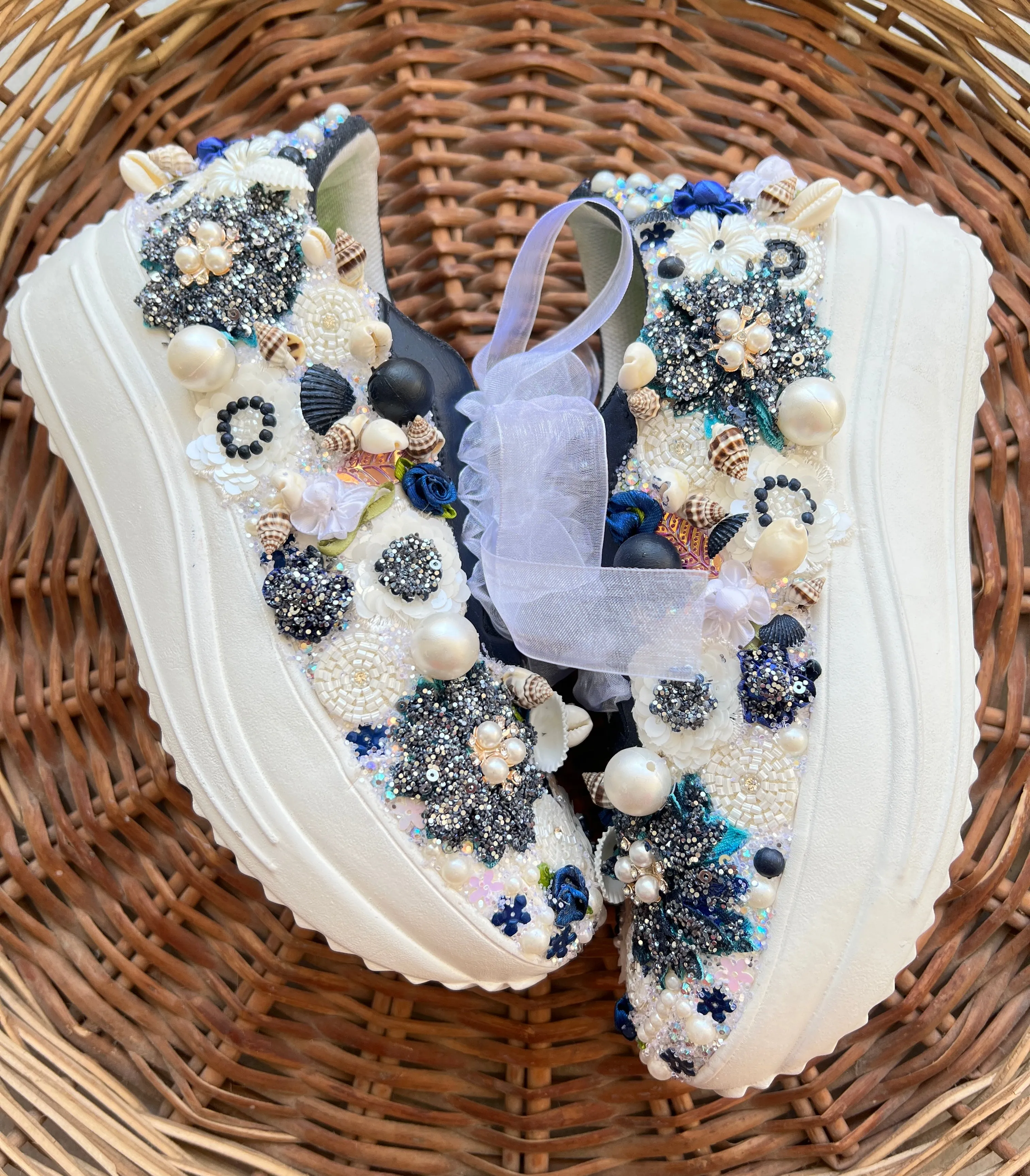 FUNKY N TRENDY floral theme hand work sneakers for brides / bridesmaids/ shells sneakers / pearls sneakers / blue and white shoes / white and blue sneakers / blue sneakers/ nevy blue sneakers / blue shoes