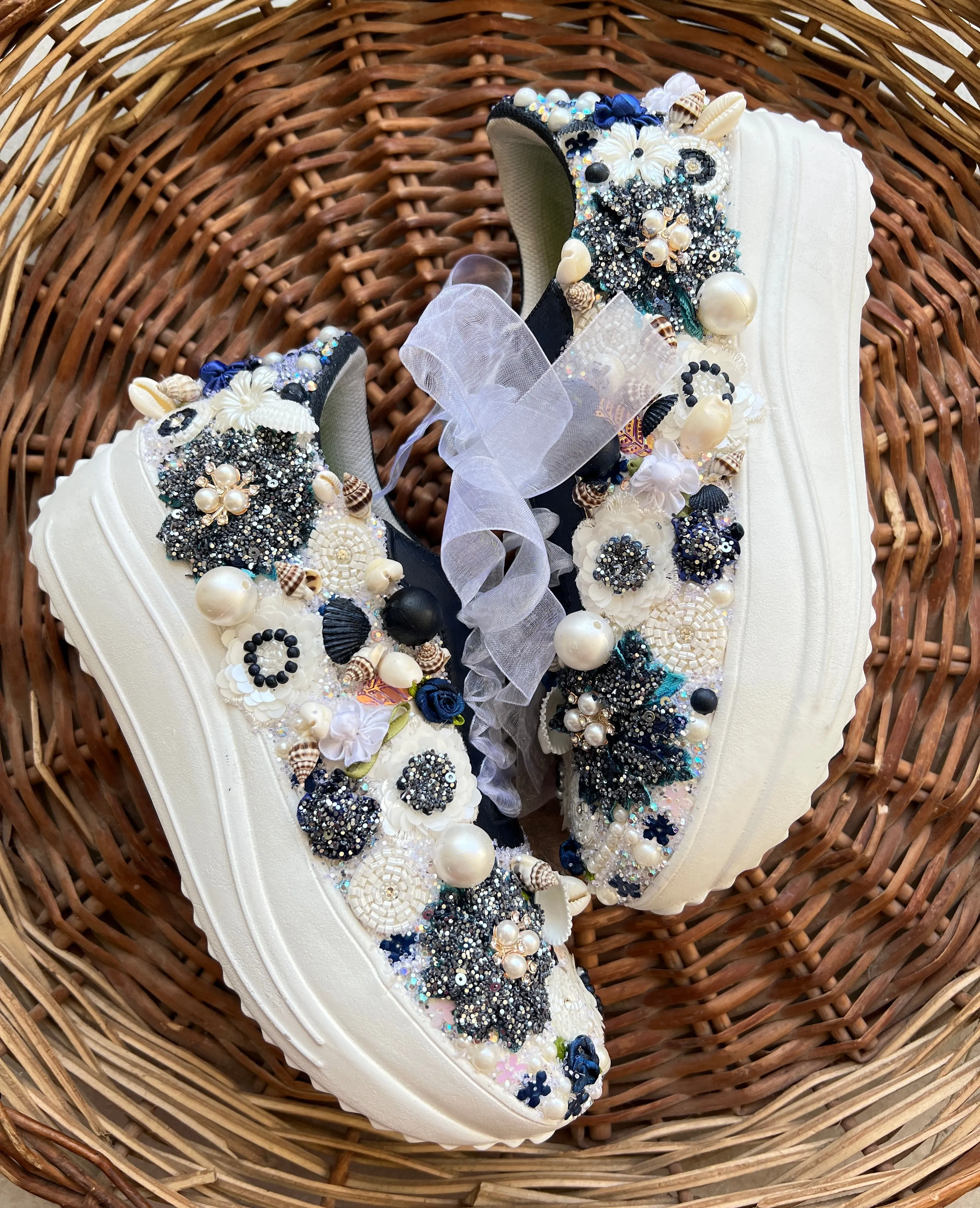 FUNKY N TRENDY floral theme hand work sneakers for brides / bridesmaids/ shells sneakers / pearls sneakers / blue and white shoes / white and blue sneakers / blue sneakers/ nevy blue sneakers / blue shoes