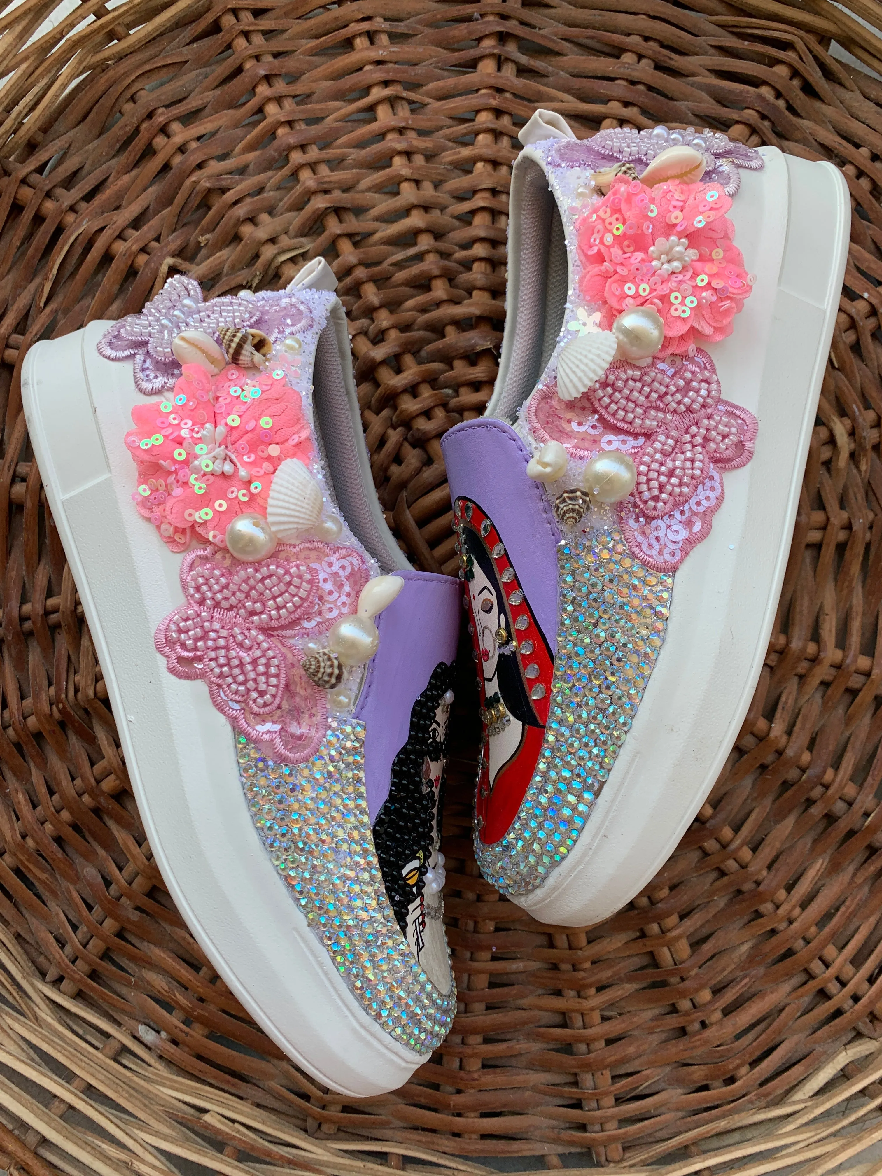 Funky N Trendy hand painted with water resistant colors, rhinestone work bridal sneakers/ bridesmaid sneaker / colorful sneakers/ floral sneakers / slip on shoes