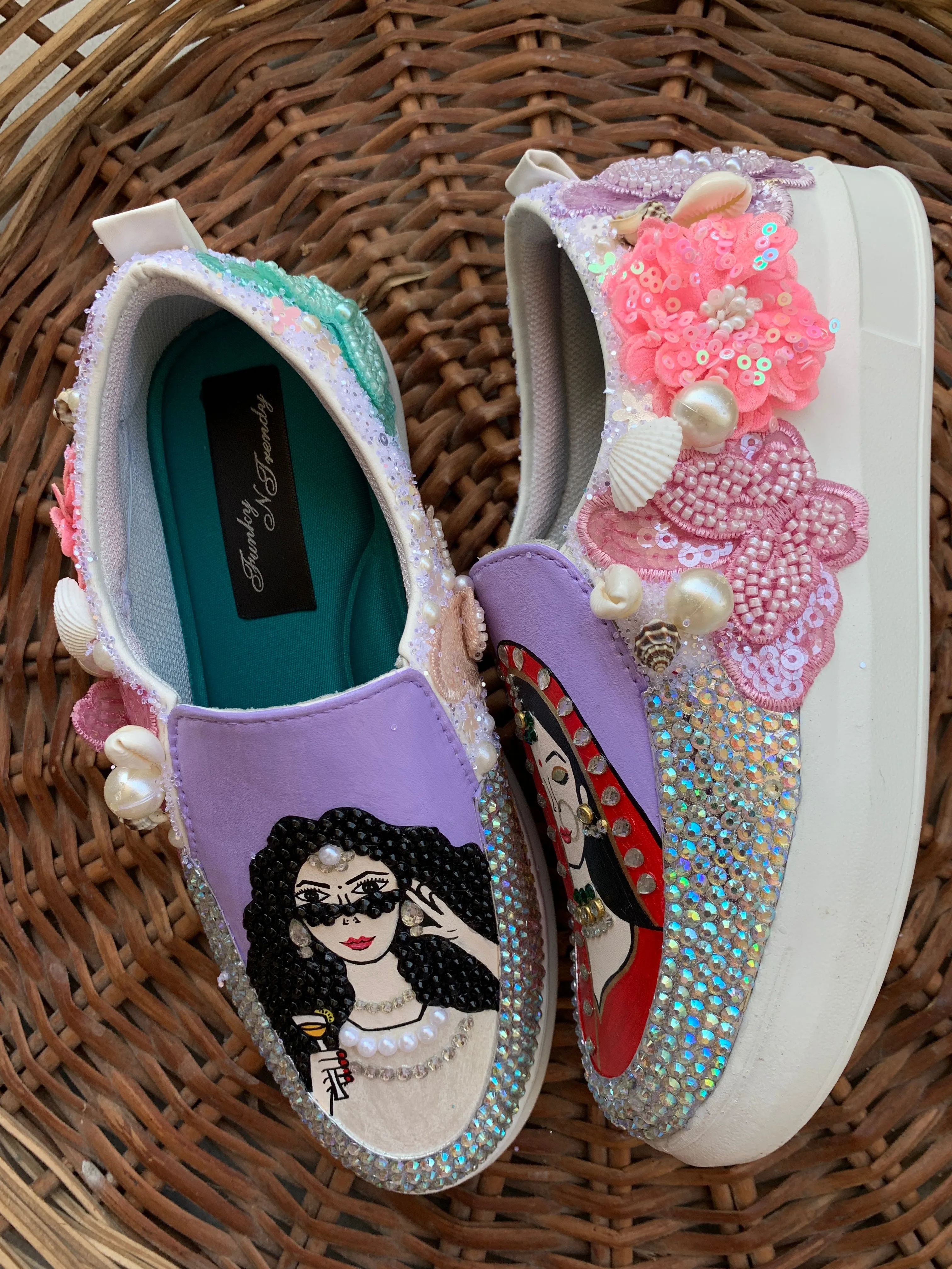 Funky N Trendy hand painted with water resistant colors, rhinestone work bridal sneakers/ bridesmaid sneaker / colorful sneakers/ floral sneakers / slip on shoes