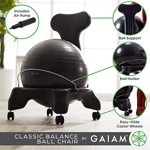 Gaiam Classic Balance Ball Chair – Exercise Stability Yoga Ball Premium Ergonomic Chair for Home and Office, Cool Grey, 24-25" Sitting Height