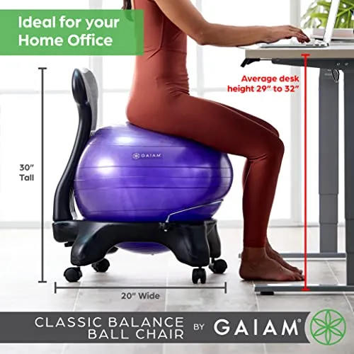 Gaiam Classic Balance Ball Chair – Exercise Stability Yoga Ball Premium Ergonomic Chair for Home and Office, Cool Grey, 24-25" Sitting Height