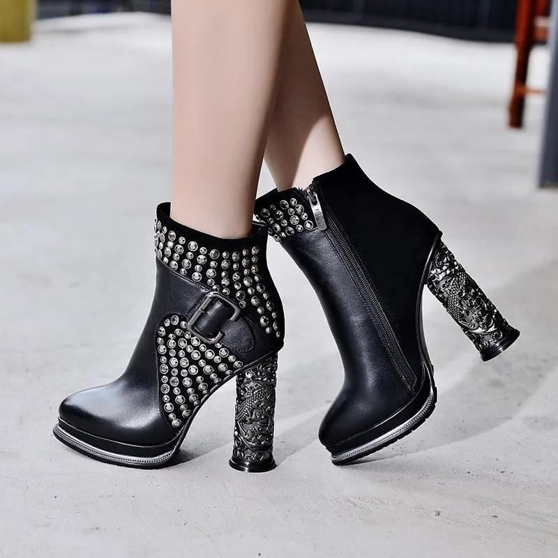 Genuine Leather High Heels Ankle Boots