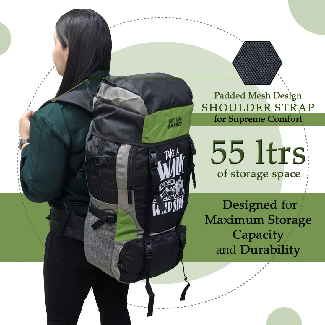 Get Un-barred 55 Ltr Travel Backpack (Green)