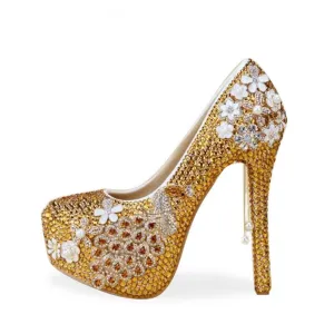 Golden Crystal Ladies Wedding Bridal High Heel Party Pump Shoes