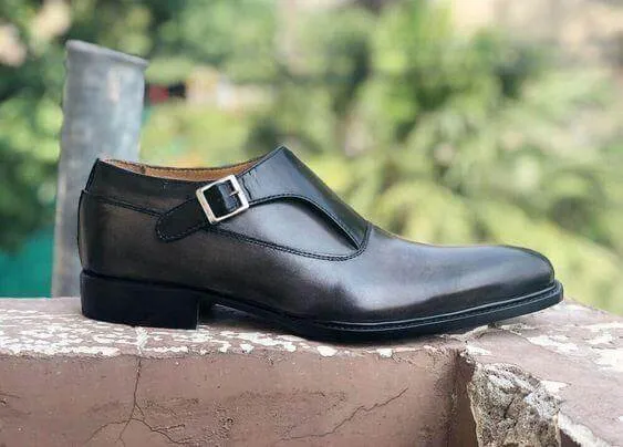 Handmade Men's Leather Monk Strap Black Shoes