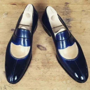 Handmade Men's Leather Navy Blue Beige Slip On Shoes