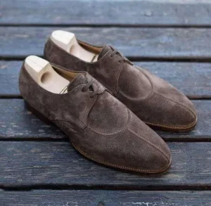 Handmade Men's Suede Dark Brown Split Toe Casual Shoes