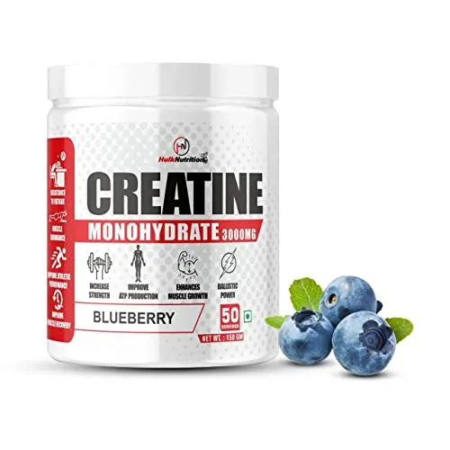 HulkNutrition Creatine Monohydrate Powder | Supplement For Lean Muscle Growth | Creatine Powder For Pre-Workout And Post Workout | Gym Supplement For Men & Women [50 Servings, Blueberry] Free Shaker