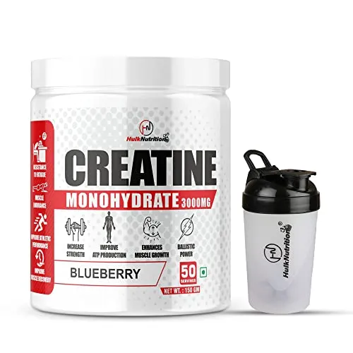 HulkNutrition Creatine Monohydrate Powder | Supplement For Lean Muscle Growth | Creatine Powder For Pre-Workout And Post Workout | Gym Supplement For Men & Women [50 Servings, Blueberry] Free Shaker