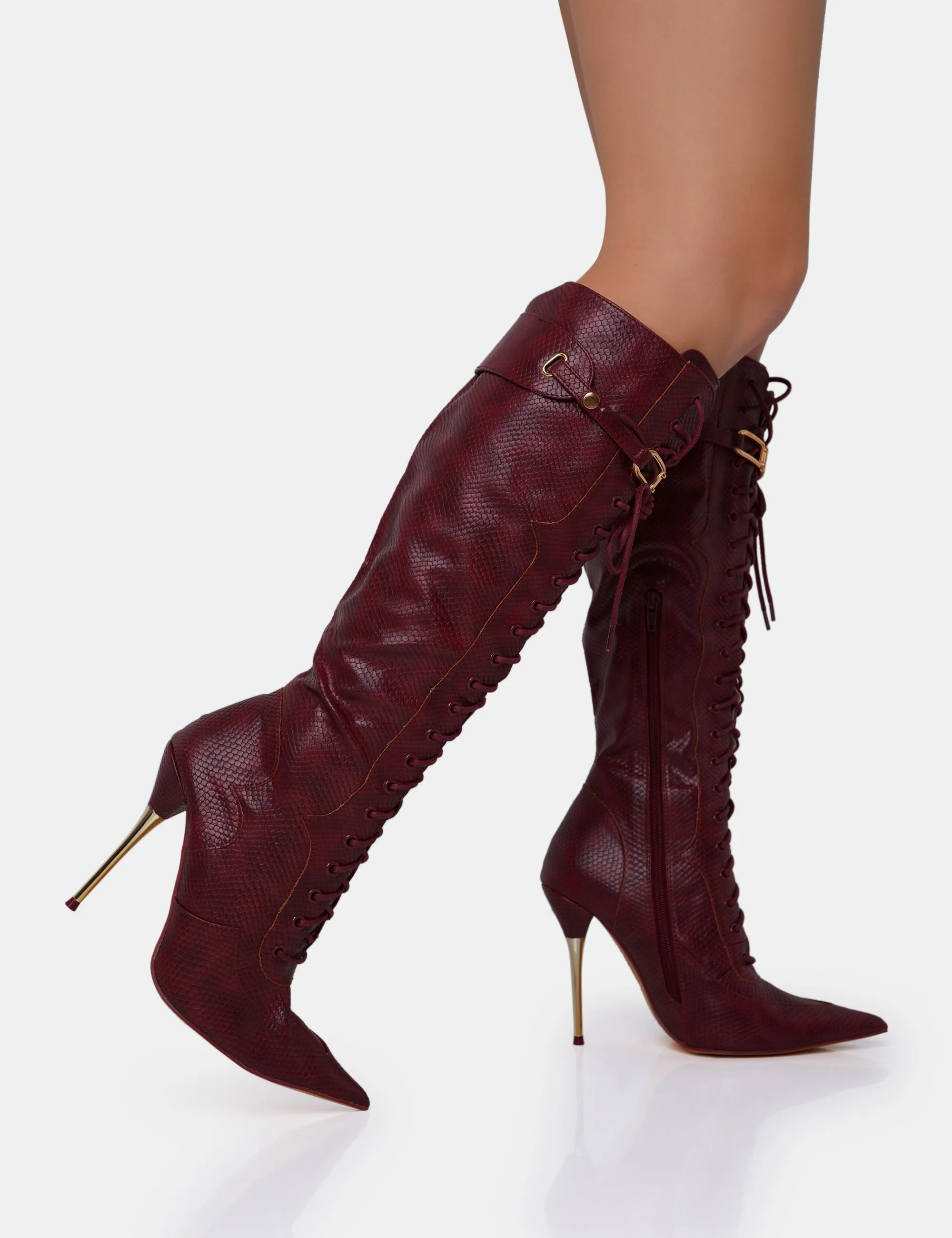 Infatuated Burgundy Croc Lace Up Gold Stiletto Knee High Boots