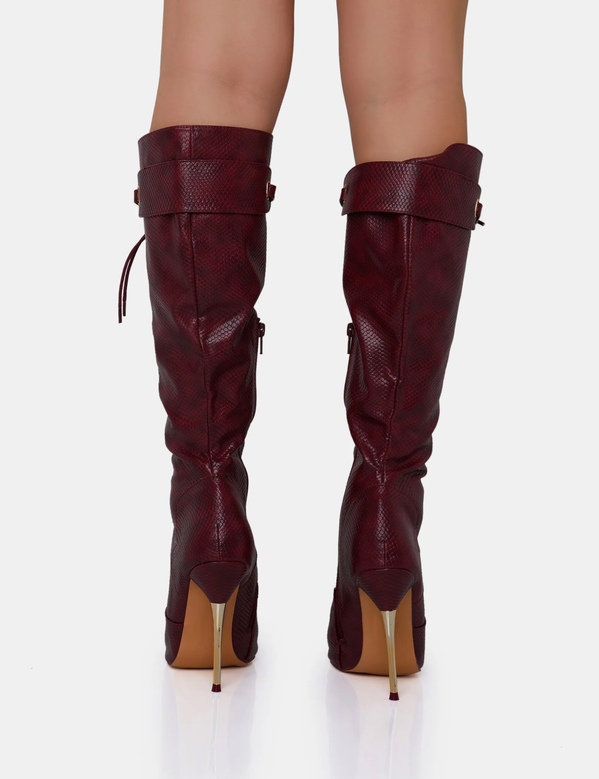 Infatuated Burgundy Croc Lace Up Gold Stiletto Knee High Boots