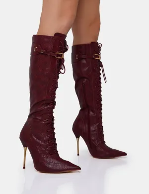 Infatuated Burgundy Croc Lace Up Gold Stiletto Knee High Boots