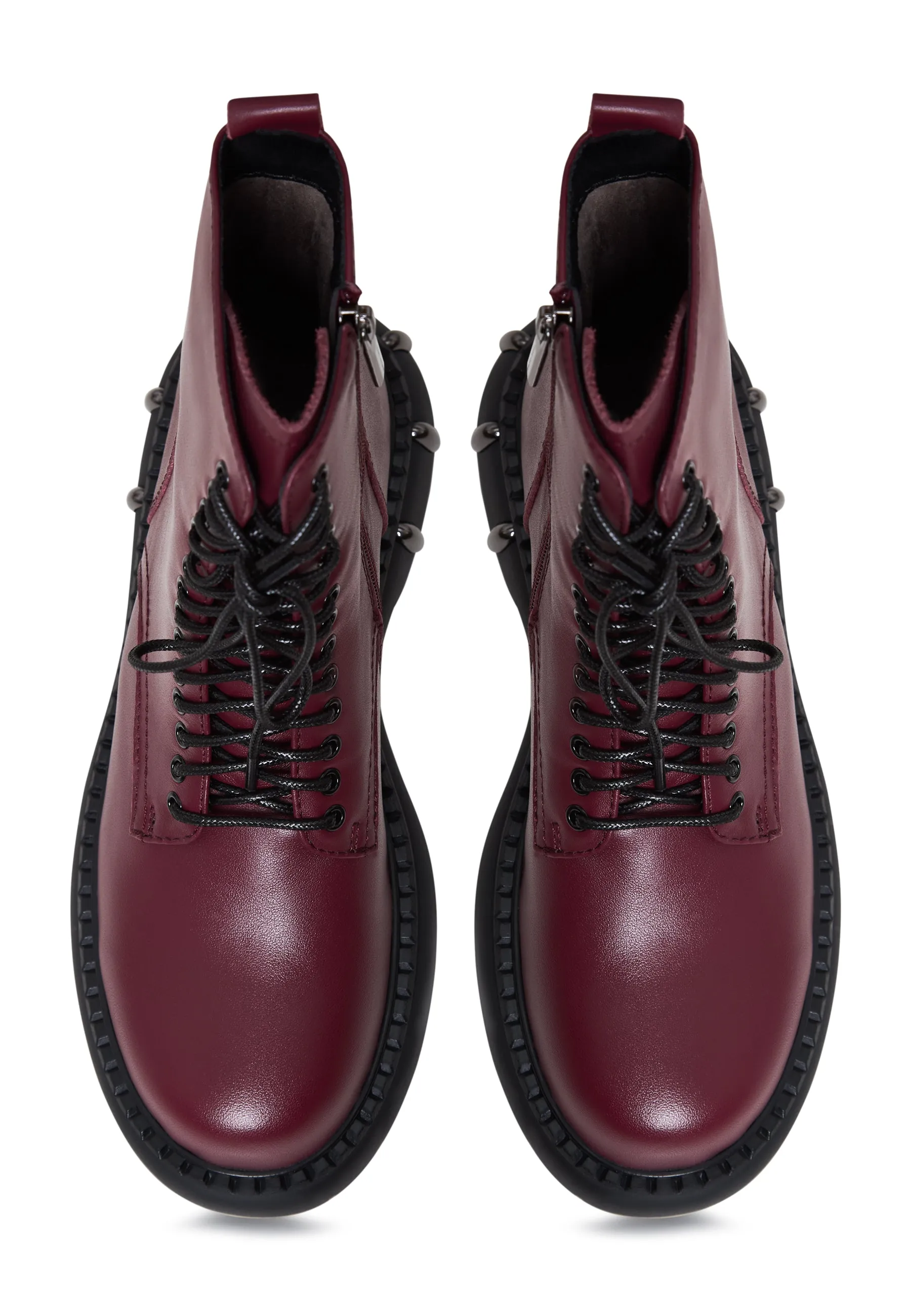 Lace-Up Combat Boots with Chunky Sole - Bordeaux