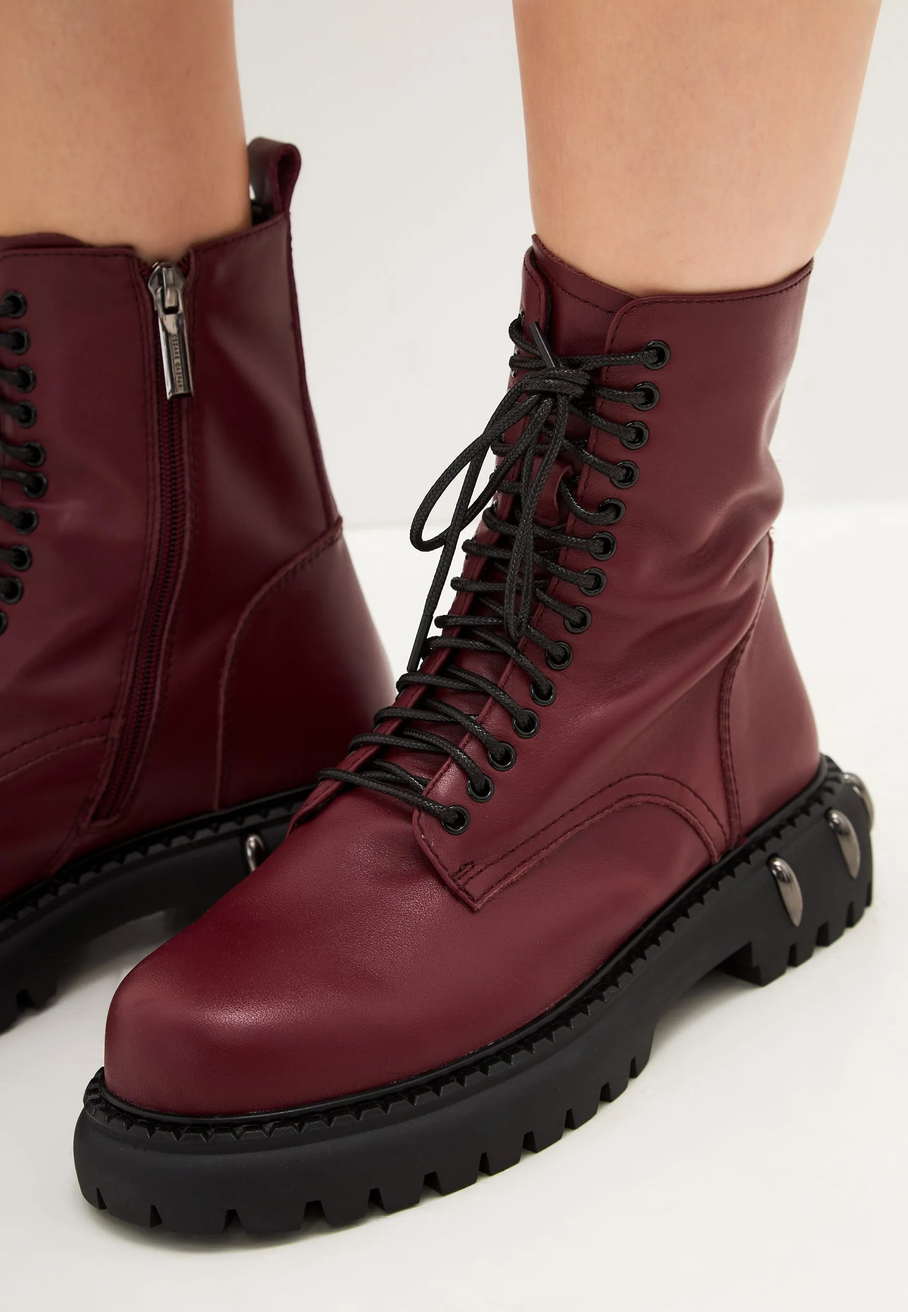 Lace-Up Combat Boots with Chunky Sole - Bordeaux