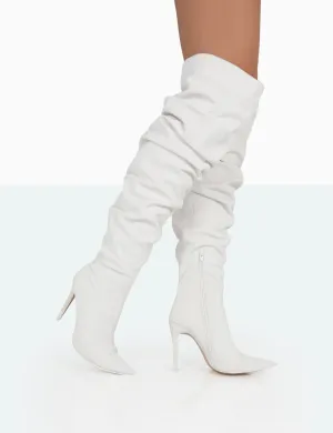 Lariza Off White Faux Suede Pointed Toe Stiletto Over the Knee Boots