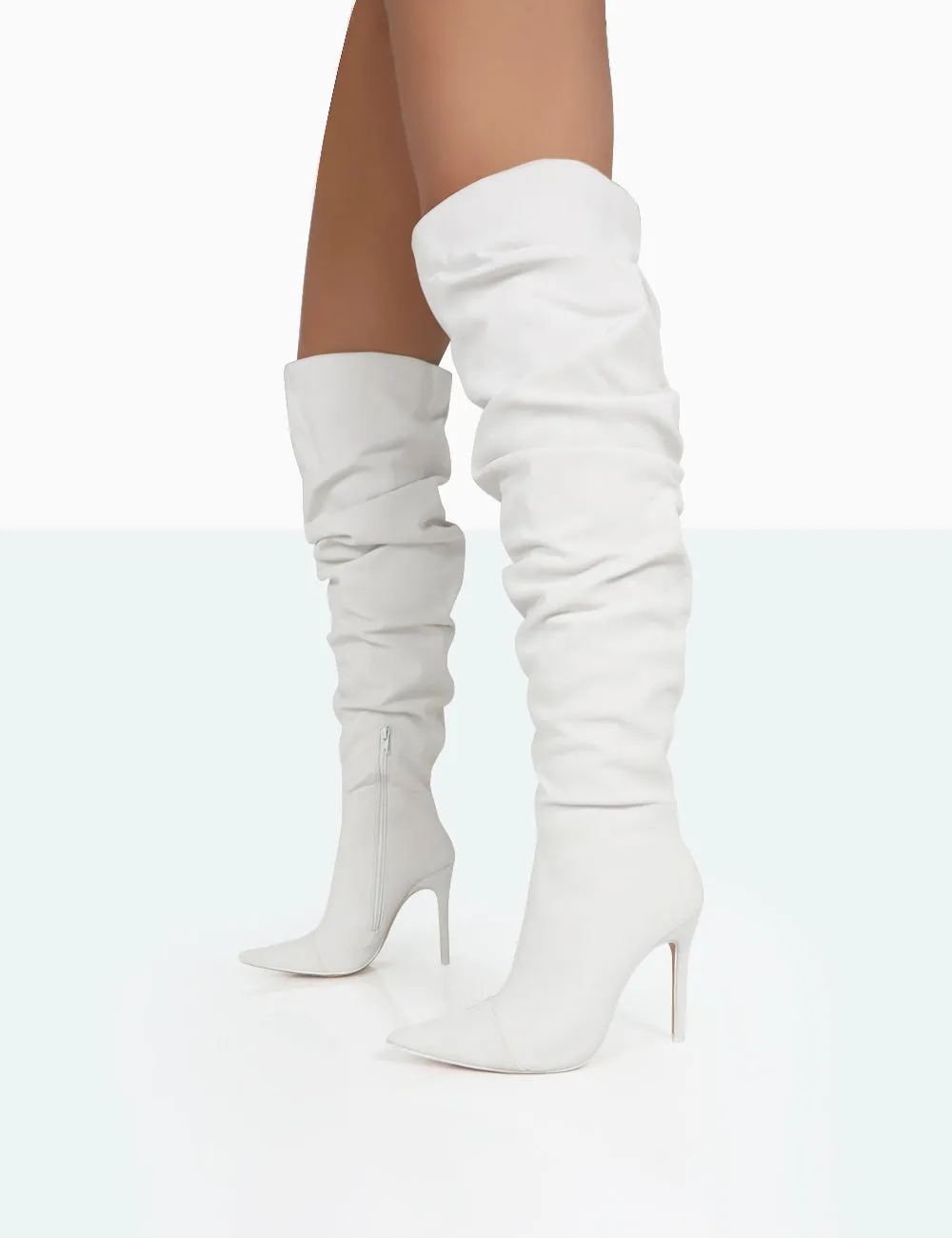 Lariza Off White Faux Suede Pointed Toe Stiletto Over the Knee Boots